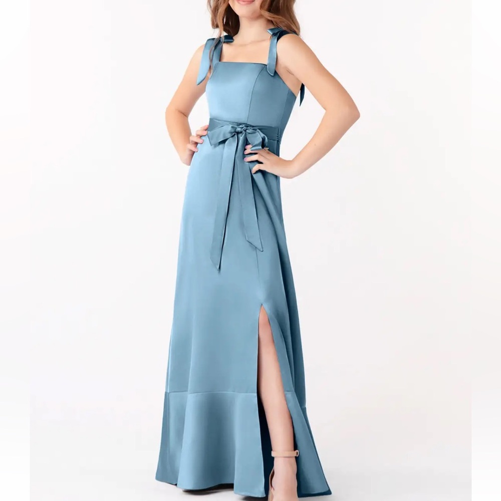 Azazie Blue Gray Special Occasion   Satin Maxi Dress with Bow Strap Detail  6
